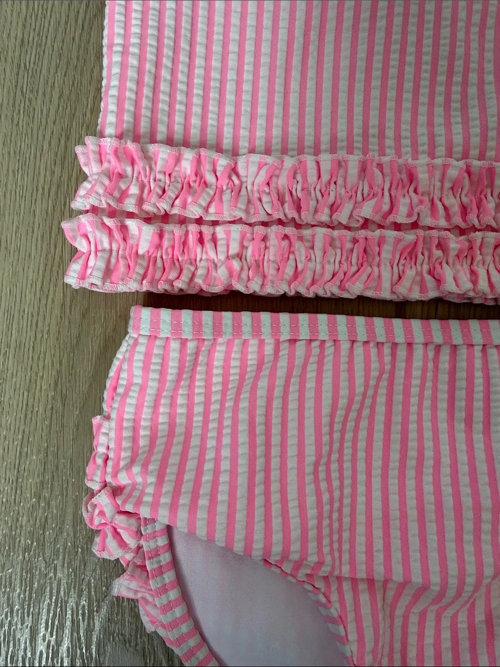 RuffleButts Neon Pink & White Striped Seersucker Rash Guard Swim Set 18-24M